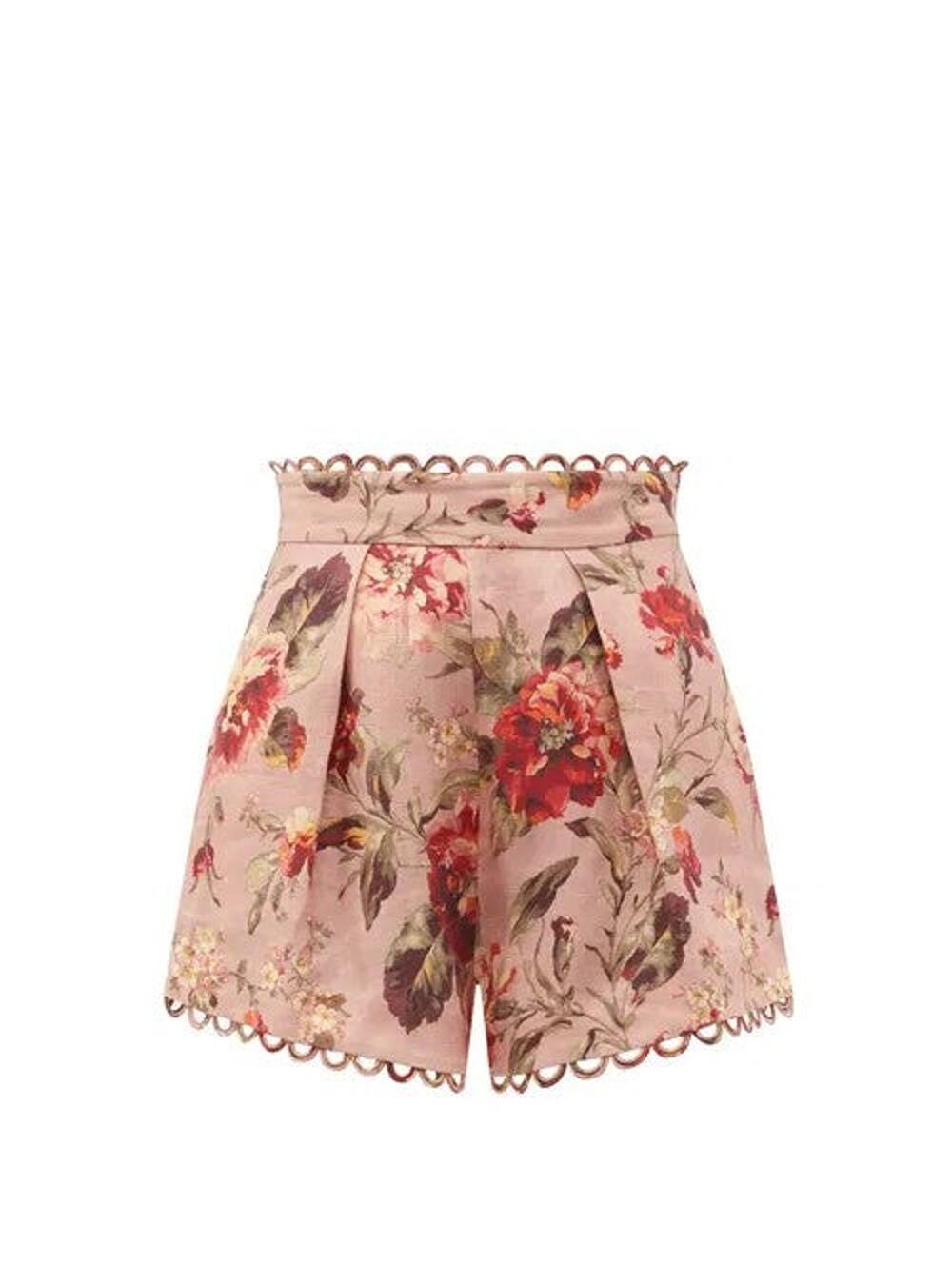 Zimmermann Cassia Scalloped Floral Print Linen Shorts - 0